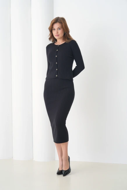 Kadın bisiklet Yaka Düğme Kapama Kaşkorse Ceket Elbise İkili Triko Takım