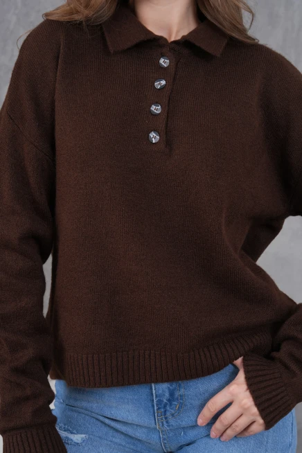 Kadınpolo Yaka Yarım Pat Düğme Salaş Triko Kazak