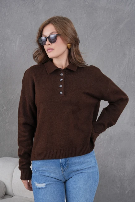 Kadınpolo Yaka Yarım Pat Düğme Salaş Triko Kazak