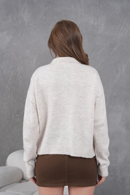 Kadınpolo Yaka Yarım Pat Düğme Salaş Triko Kazak