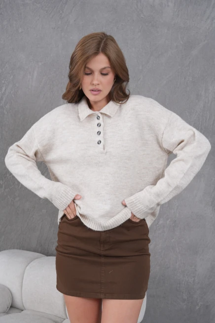 Kadınpolo Yaka Yarım Pat Düğme Salaş Triko Kazak