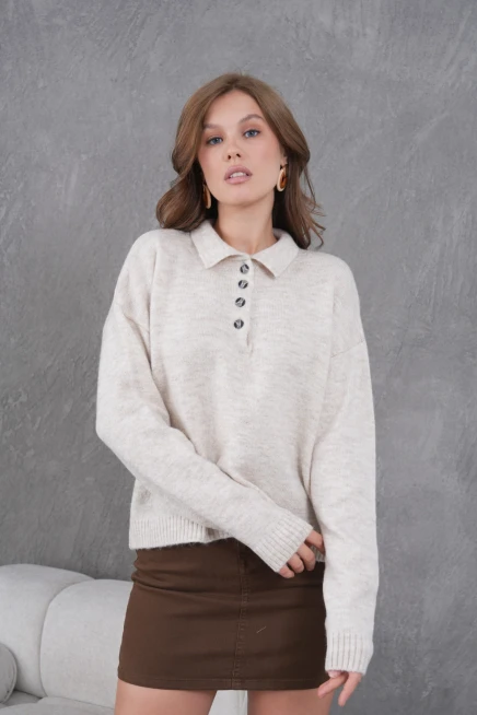 Kadınpolo Yaka Yarım Pat Düğme Salaş Triko Kazak