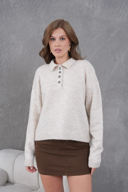 Kadınpolo Yaka Yarım Pat Düğme Salaş Triko Kazak