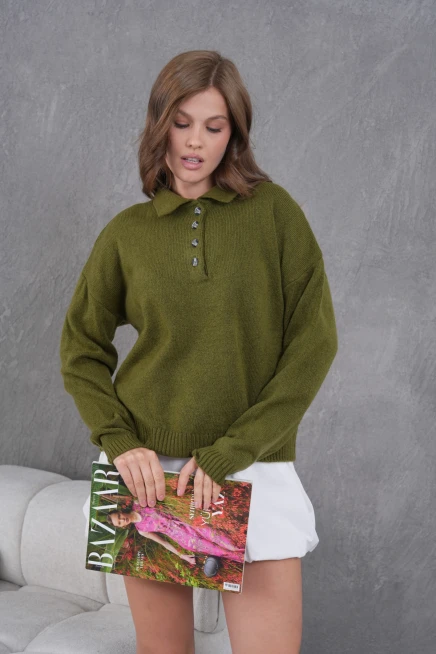 Kadınpolo Yaka Yarım Pat Düğme Salaş Triko Kazak