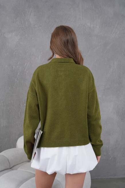 Kadınpolo Yaka Yarım Pat Düğme Salaş Triko Kazak