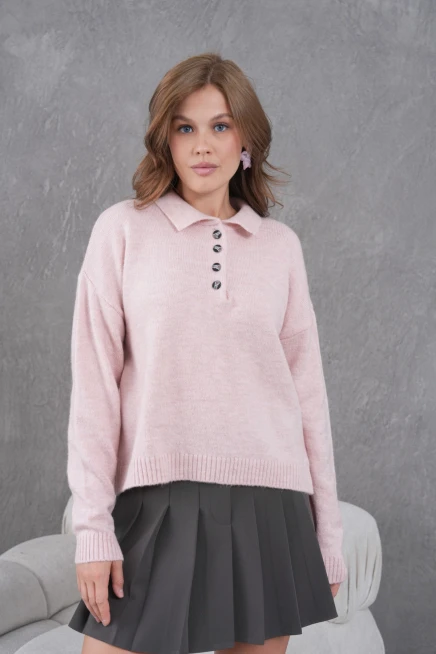 Kadınpolo Yaka Yarım Pat Düğme Salaş Triko Kazak