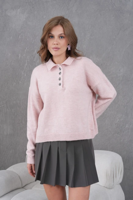 Kadınpolo Yaka Yarım Pat Düğme Salaş Triko Kazak