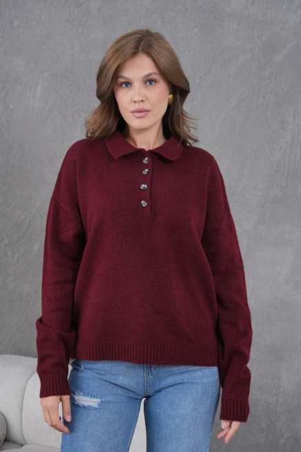 Kadınpolo Yaka Yarım Pat Düğme Salaş Triko Kazak