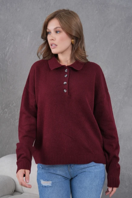 Kadınpolo Yaka Yarım Pat Düğme Salaş Triko Kazak