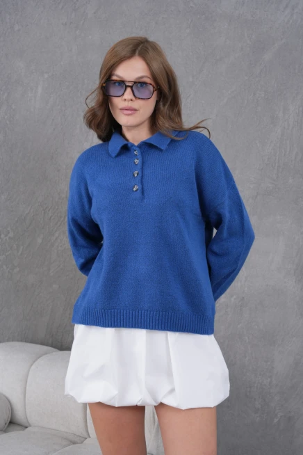 Kadınpolo Yaka Yarım Pat Düğme Salaş Triko Kazak