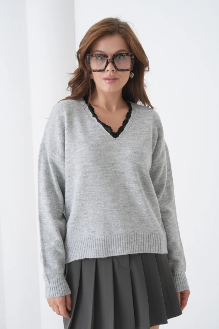 Kadınv Yak Adantel Detay Yumuşak Dokulu Triko Kazak