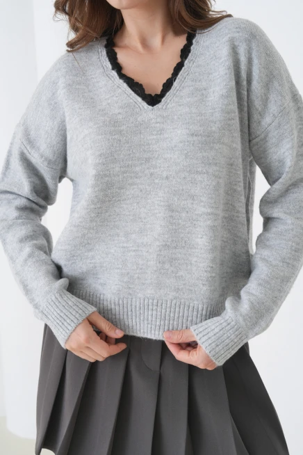 Kadınv Yak Adantel Detay Yumuşak Dokulu Triko Kazak