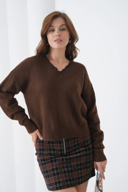 Kadınv Yak Adantel Detay Yumuşak Dokulu Triko Kazak