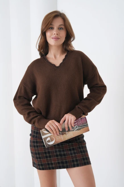 Kadınv Yak Adantel Detay Yumuşak Dokulu Triko Kazak