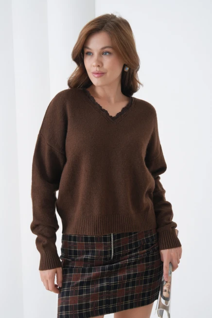 Kadınv Yak Adantel Detay Yumuşak Dokulu Triko Kazak