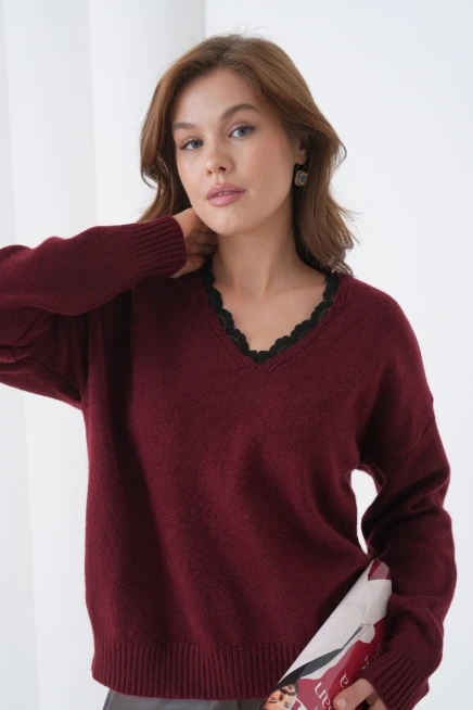 Kadınv Yak Adantel Detay Yumuşak Dokulu Triko Kazak