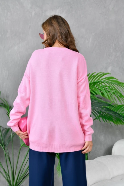Kalp Desenli İnce Oversize Triko Kazak