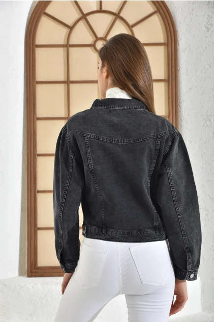 Kadın Antrasit Cep Detaylı Denim Ceket