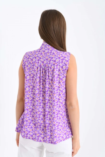 Papatyalı Önden Bağlama Detaylı Kolsuz Lila Bluz
