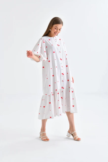 Kırmızı Kalpli Düğmeli Uzun Elbise