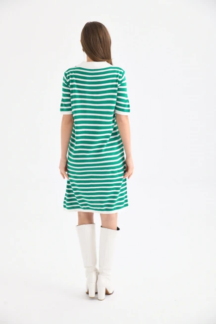 Kadın Gömlek Yaka Yeşil Renk Çizgili Diz Boy Elbise