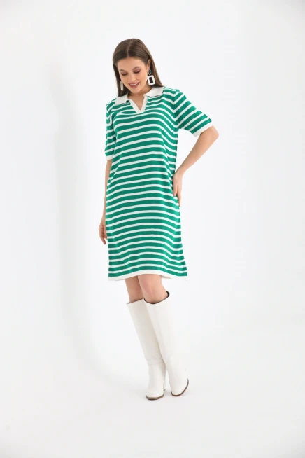 Kadın Gömlek Yaka Yeşil Renk Çizgili Diz Boy Elbise