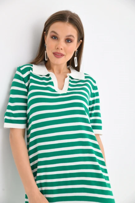 Kadın Gömlek Yaka Yeşil Renk Çizgili Diz Boy Elbise