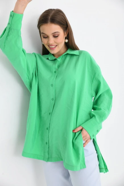 Oversize Uzun Kol Basic Yeşil Gömlek