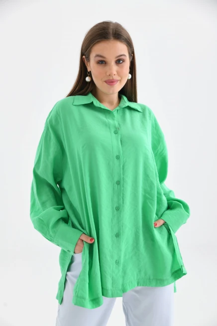 Oversize Uzun Kol Basic Yeşil Gömlek