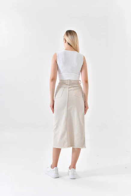 Kadın Bej Yırtmaçlı Kot Etek