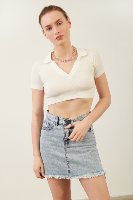 Womens White Polo Neck Basic Crop Body