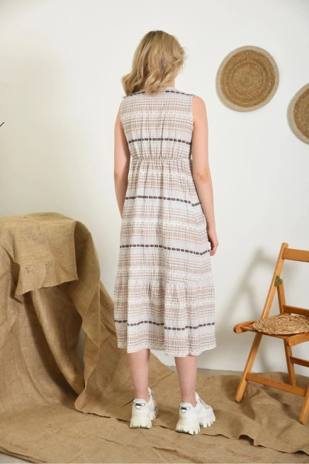 Kadın Camel Desenli Düğme Detay Kolsuz Emprime Elbise