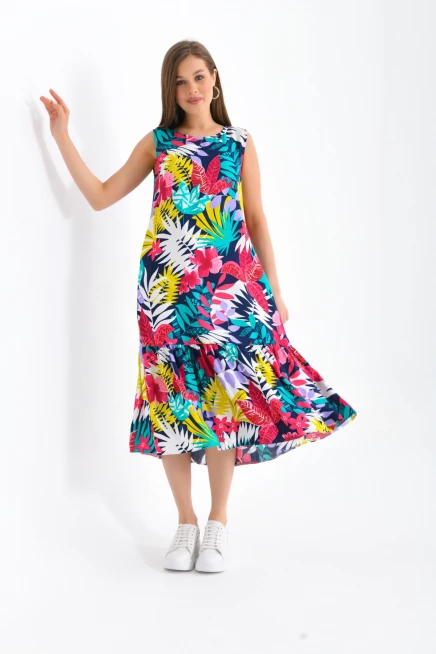 Eteği Fırfırlı Desenli Kolsuz Elbise