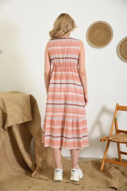 Kadın Kiremit Desenli Düğme Detay Kolsuz Emprime Elbise