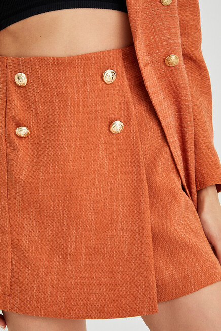 Kadın Kruvaze Kapama Düğme Detaylı Dokulu Şort&Etek