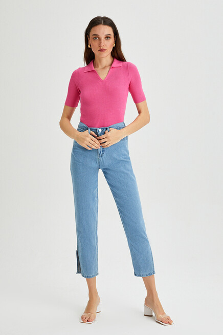 Kadın Polo Yaka Kısa Kol Basic Triko Bluz