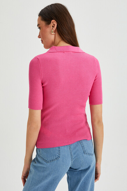 Kadın Polo Yaka Kısa Kol Basic Triko Bluz