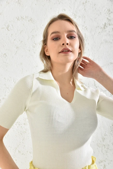 Kadın Polo Yaka Kısa Kol Basic Triko Bluz