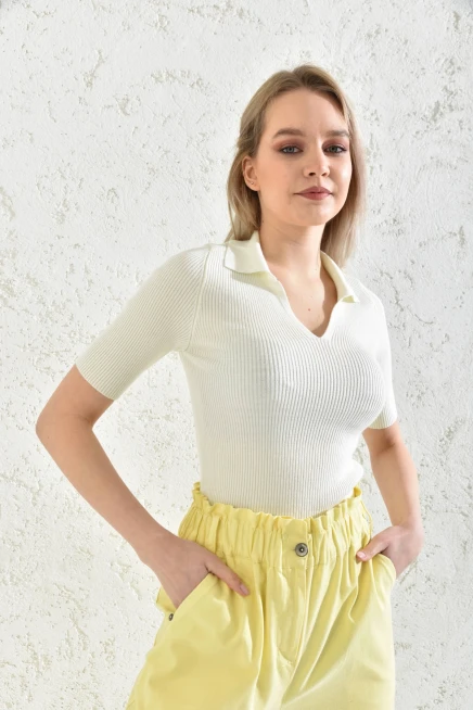 Kadın Polo Yaka Kısa Kol Basic Triko Bluz