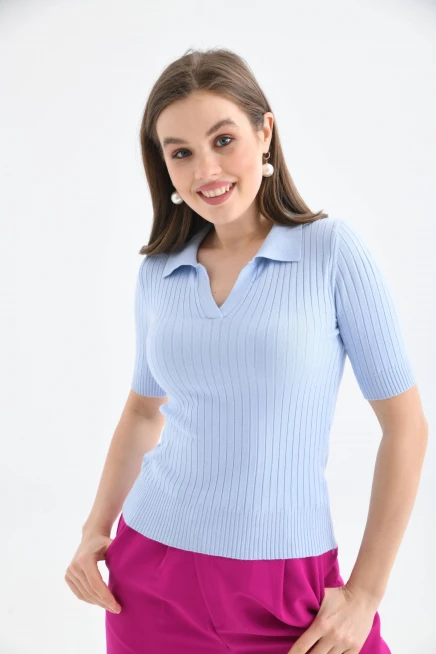 Kadın Slim Fit Pola Yaka Basic Triko Kısa Kol Kazak