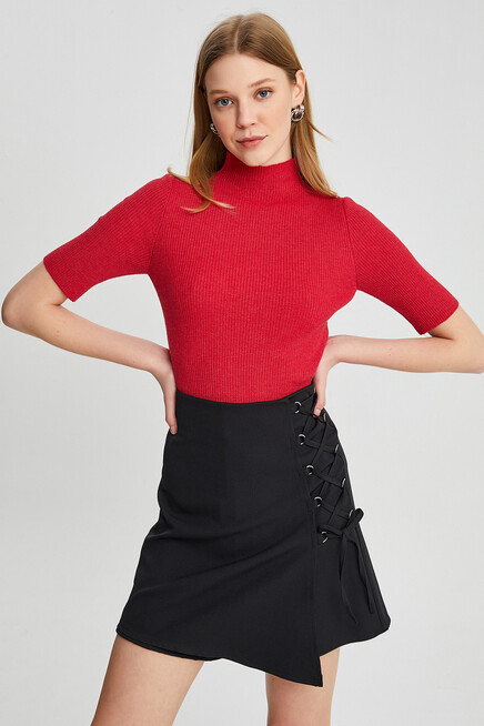 Kadın Yarım Balıkçı Kısa Kol Basic Triko Bluz