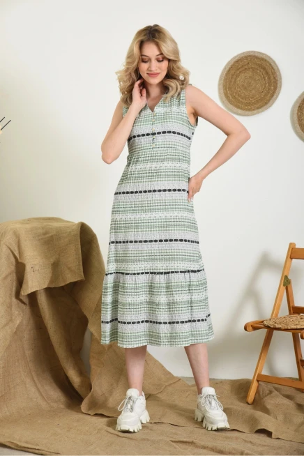 Kadın Yeşil Desenli Düğme Detay Kolsuz Emprime Elbise