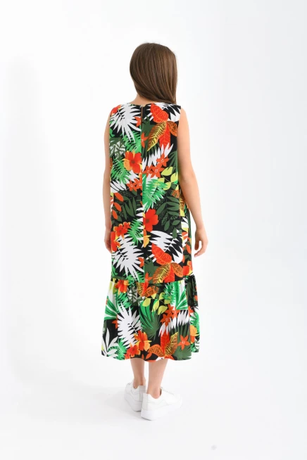 Eteği Fırfırlı Desenli Kolsuz Elbise