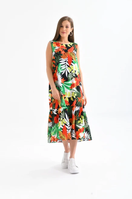 Eteği Fırfırlı Desenli Kolsuz Elbise