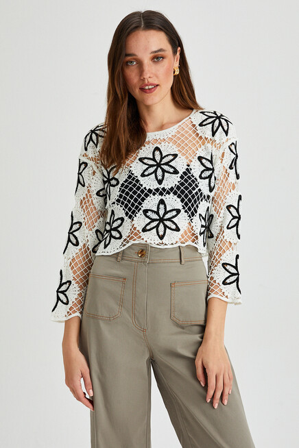 Womens Wide Collar Double Color Crochet Blouse