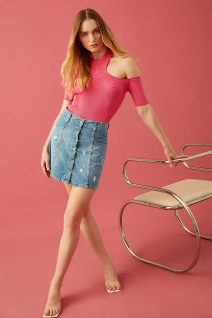 Önden Düğmeli Mini Denim Etek