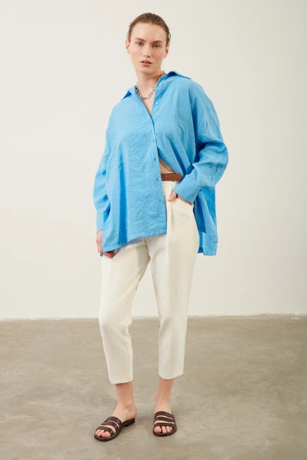 Kadın Oversize Saks Mavi Gömlek