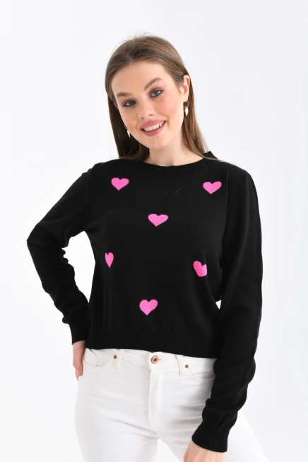 Bisiklet Yaka Kalp Desenli Triko Kazak