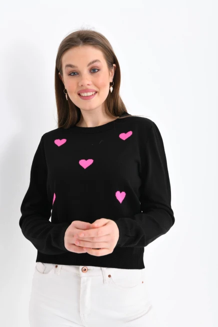 Bisiklet Yaka Kalp Desenli Triko Kazak