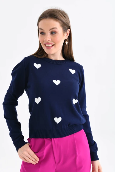 Bisiklet Yaka Kalp Desenli Triko Kazak